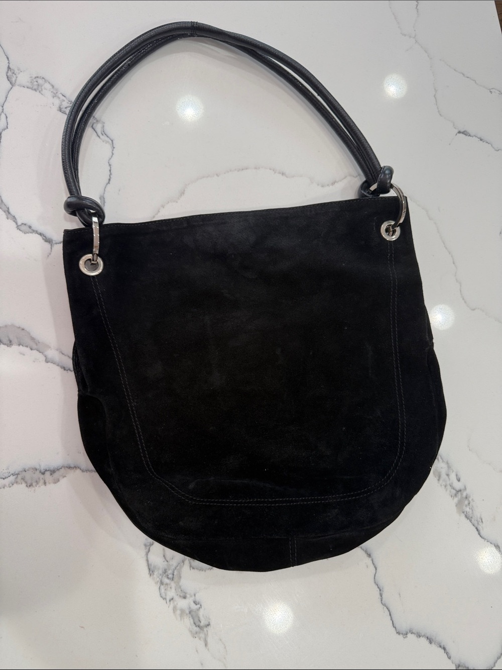 Black Suede Shoulder Bag with Silver Hardware